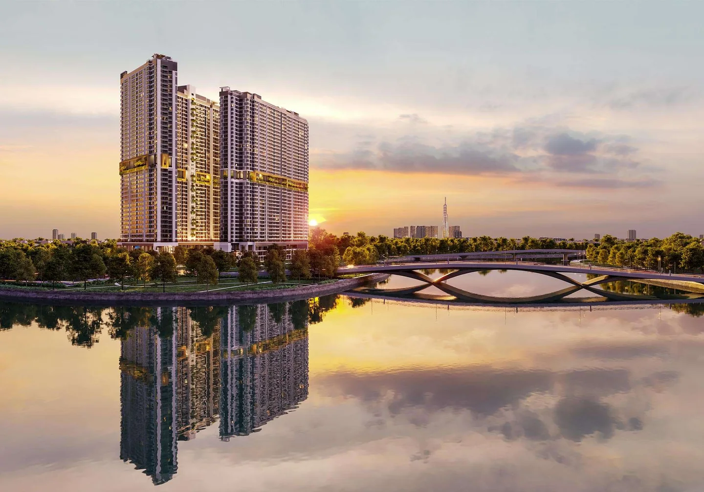 Phối cảnh hai tháp The Gió Riverside bên sông lúc hoàng hôn